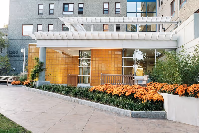 Outdoor seating area with wooden benches surrounded by orange flowers and green plants in front of a modern building with large windows and a white pergola structure overhead.