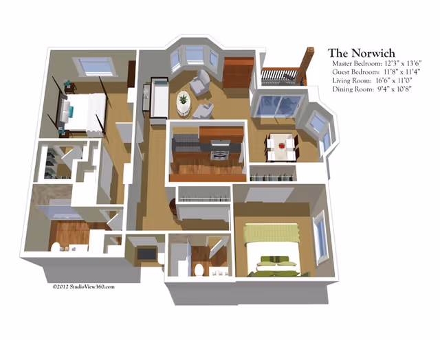 3D floor plan of The Norwich apartment showing a master bedroom, guest bedroom, living room, dining room, kitchen, and bathrooms with dimensions listed for each main room.