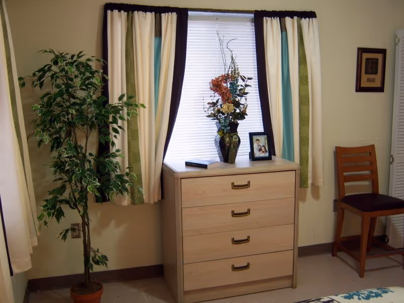 A corner of a bedroom with a light wood chest of drawers under a window with white blinds and curtains featuring green, blue, and brown stripes. On top of the chest is a vase with a floral arrangement, a framed photo, and a book. To the left of the chest is a potted green plant, and to the right is a wooden chair with a dark seat cushion. The walls are light-colored and there is a framed picture hanging above the chair.