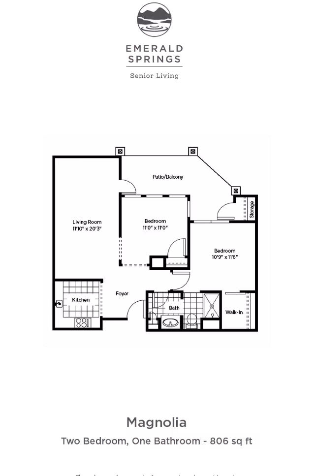 Floor plan of Magnolia apartment at Emerald Springs Senior Living showing two bedrooms, one bathroom, kitchen, living room, foyer, patio/balcony, storage, and walk-in closet. The total area is 806 square feet.