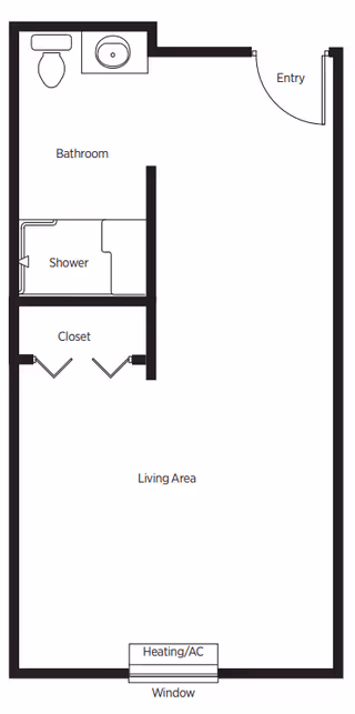 Architectural floor plan of a senior living unit at Belmont Village Senior Living Johns Creek, showing an entry door leading to a living area with a window and heating/AC unit. The plan includes a bathroom with a toilet, sink, and shower, as well as a closet adjacent to the bathroom.