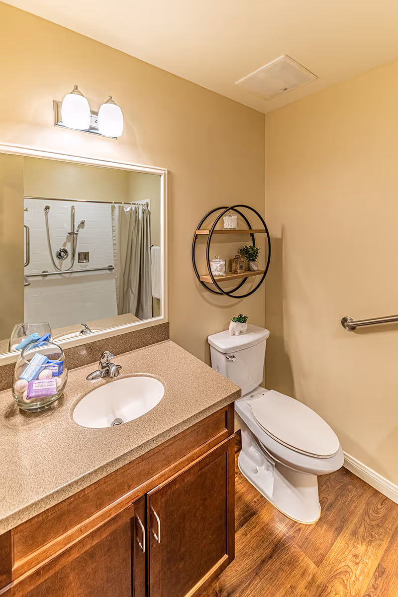 A clean and well-lit bathroom featuring a wooden vanity with a beige countertop and an oval sink. Above the sink is a large mirror with two light fixtures. To the right is a white toilet with a small potted plant on the tank. A circular wall shelf with decorative items is mounted above the toilet. The bathroom has beige walls and wood-style flooring. A shower with a curtain and grab bars is visible in the mirror reflection.