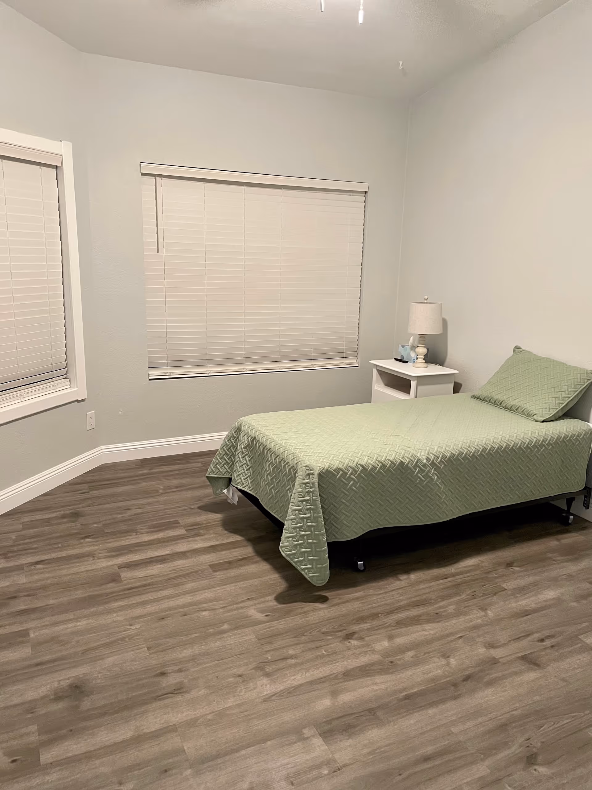 A simple bedroom with a single bed covered in a light green quilt and matching pillow. Next to the bed is a white nightstand with a lamp and some small items. The room has light-colored walls, two windows with closed blinds, and wood-look flooring.