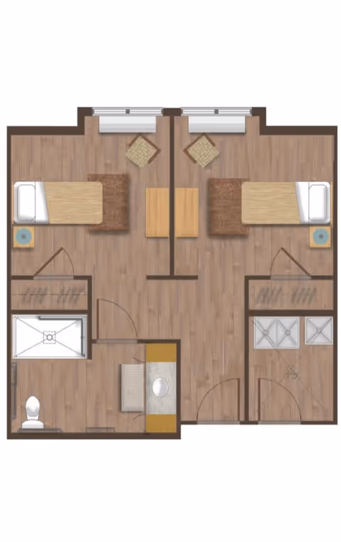 Floor plan of a two-bedroom living space with two beds, two chairs, a central table, two closets, a bathroom with a toilet and shower, and a kitchen area with a sink and stove.