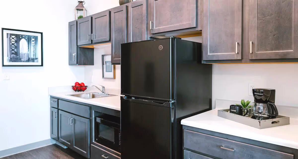 Modern kitchen with dark wood cabinets, a black refrigerator, a microwave, a sink, and a coffee maker on a tray on the white countertop. A framed black and white photo hangs on the wall.