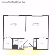 Floor plan of a memory care semi-private suite showing two bedrooms each measuring 10 feet 6 inches by 12 feet 9 inches, each with a closet. The plan includes a shared bathroom and an entry area.