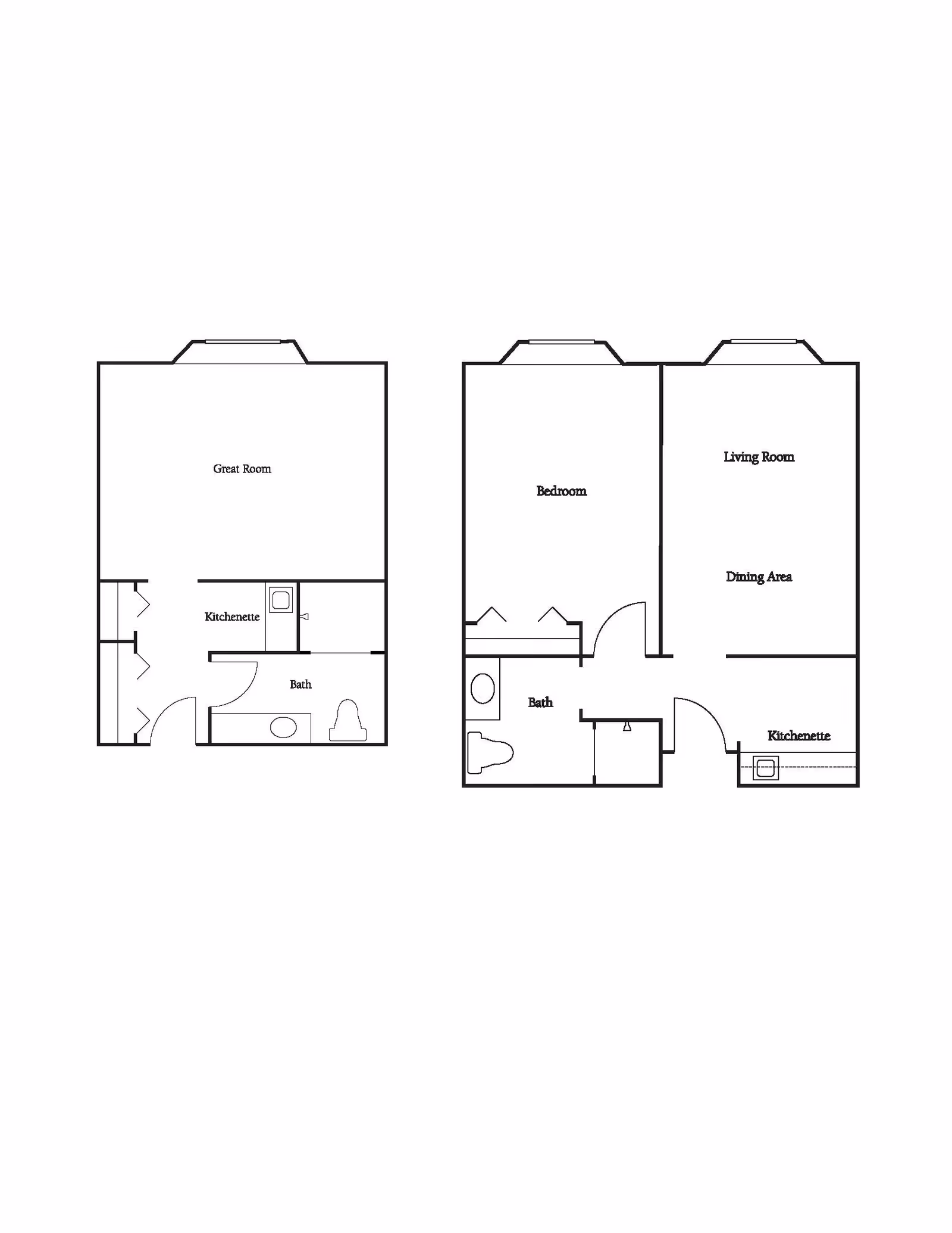 Architectural floor plan showing two layouts. The left layout includes a great room, kitchenette, and bath. The right layout includes a bedroom, bath, living room, dining area, and kitchenette.