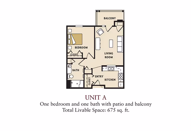 Floor plan of Unit A at Huntington Place showing one bedroom with closet, one bathroom, kitchen, living room, entry, closet, and a balcony. The total livable space is 675 square feet.