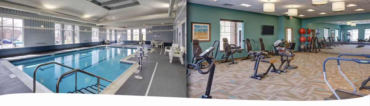 An indoor swimming pool area next to a well‑equipped fitness room with cardio and strength machines.