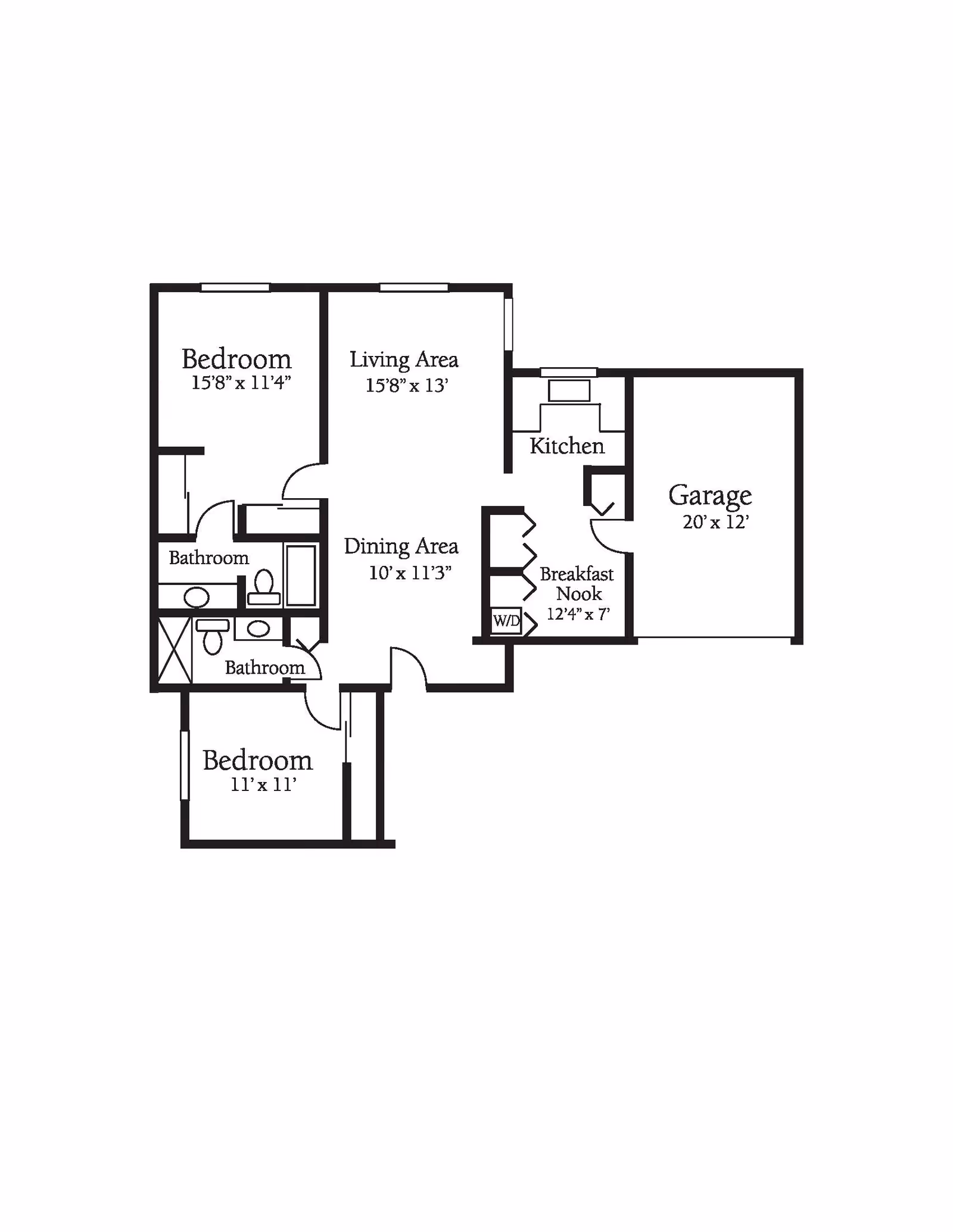 Floor plan showing layout of a residence with two bedrooms, two bathrooms, a living area, dining area, kitchen, breakfast nook, and a garage. Dimensions are provided for each room.