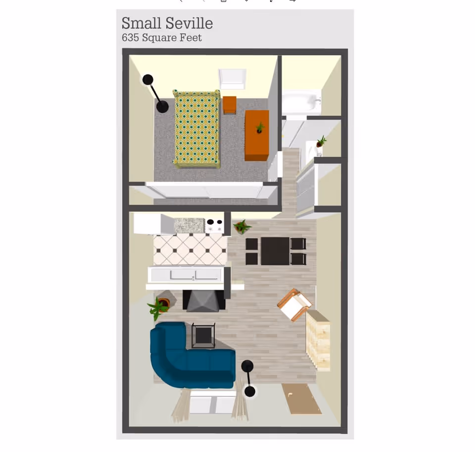 Floor plan of a small apartment named Small Seville with 635 square feet, showing a bedroom with a bed, nightstand, and lamp; a bathroom with a bathtub; a kitchen area with a stove, sink, and counter; a dining area with a table and chairs; and a living room with a sectional sofa, chair, lamp, and plants.