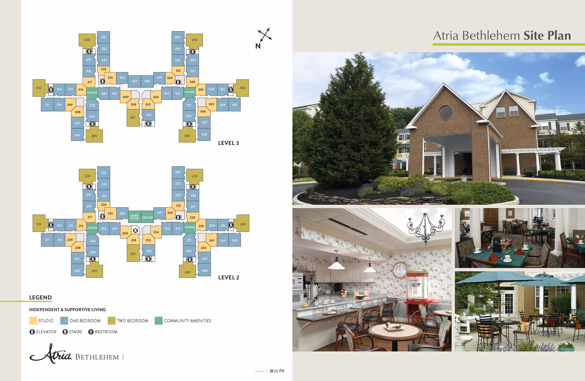 Atria Bethlehem site plan showing floor layouts for levels 2 and 3 with color-coded apartment types and community amenities. To the right, images include the exterior entrance of the facility with a covered driveway and landscaping, a dining area with tables set for meals, a kitchen area with a counter and chairs, and an outdoor patio with tables and umbrellas.