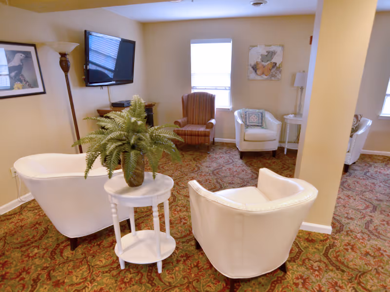 A cozy living room area with patterned carpet, two white armchairs around a small white table with a green potted plant, a striped armchair, a white armchair with a decorative pillow, a wall-mounted TV, a floor lamp, and framed artwork on the walls.