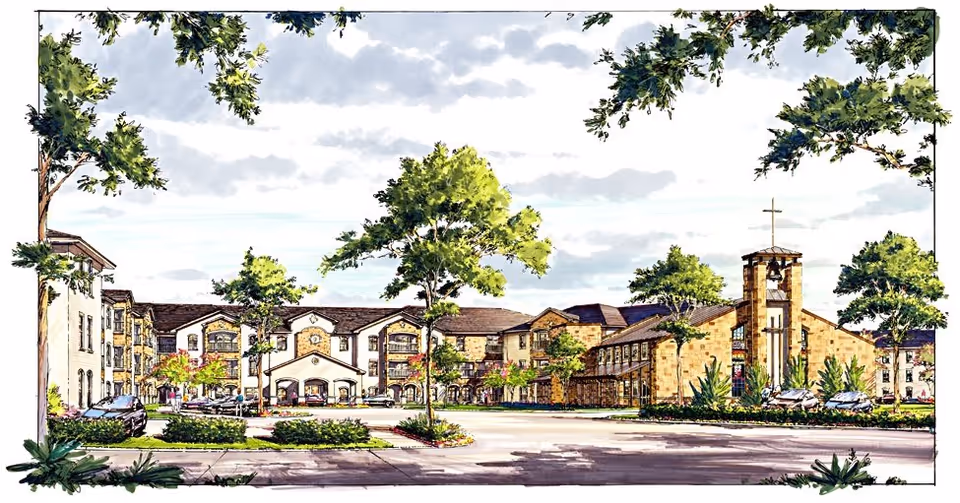 Illustration of Christus St Joseph Village showing a large senior living facility with multiple connected buildings, a central entrance, landscaped greenery, trees, and a chapel with a cross on top.