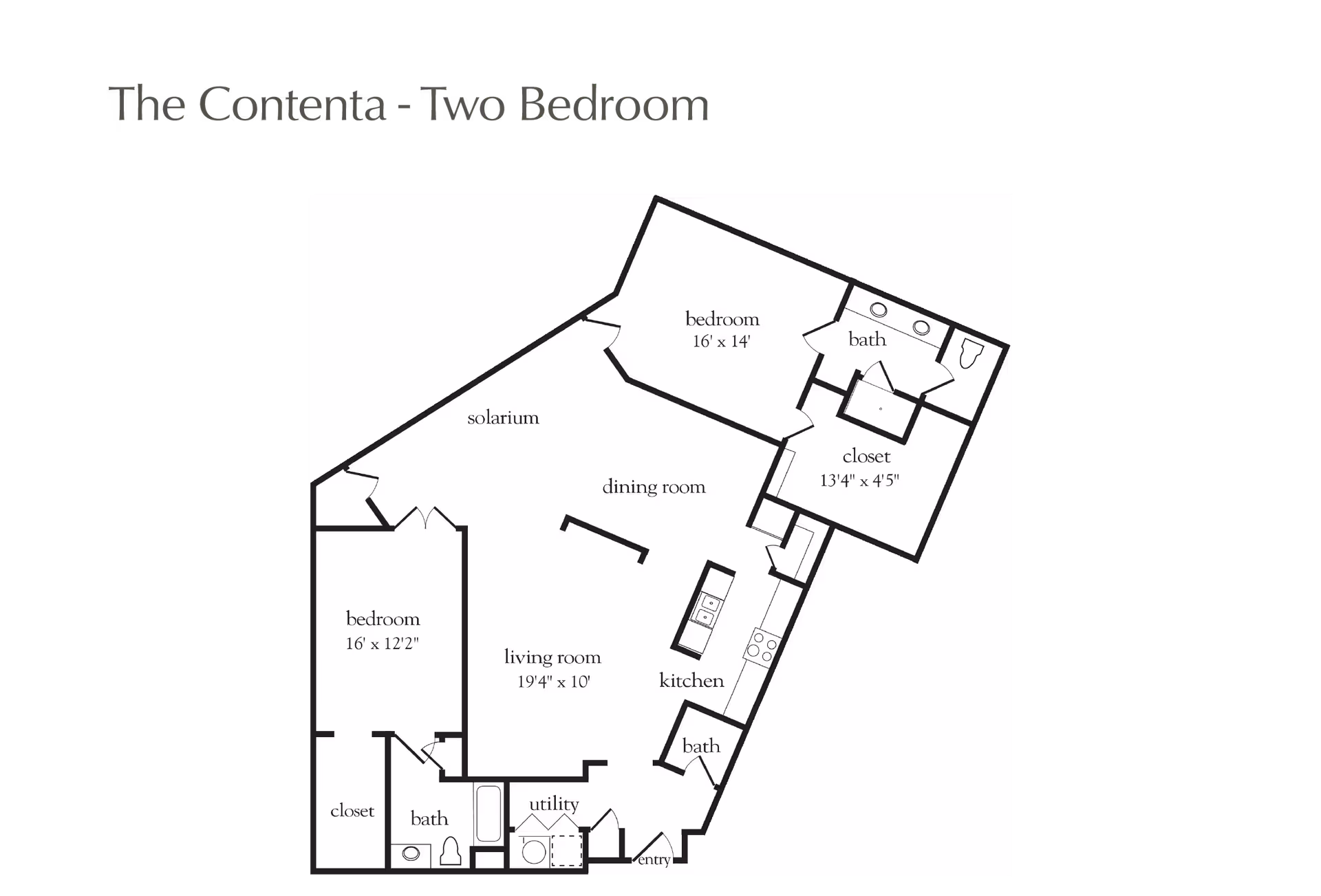 Floor plan titled 'The Contenta - Two Bedroom' showing two bedrooms, two bathrooms, a living room, dining room, kitchen, solarium, closets, utility area, and entry.