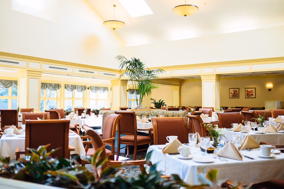 Bright, elegant dining room with neatly set tables, white tablecloths and napkins, brown upholstered chairs, and a central potted palm under skylights.
