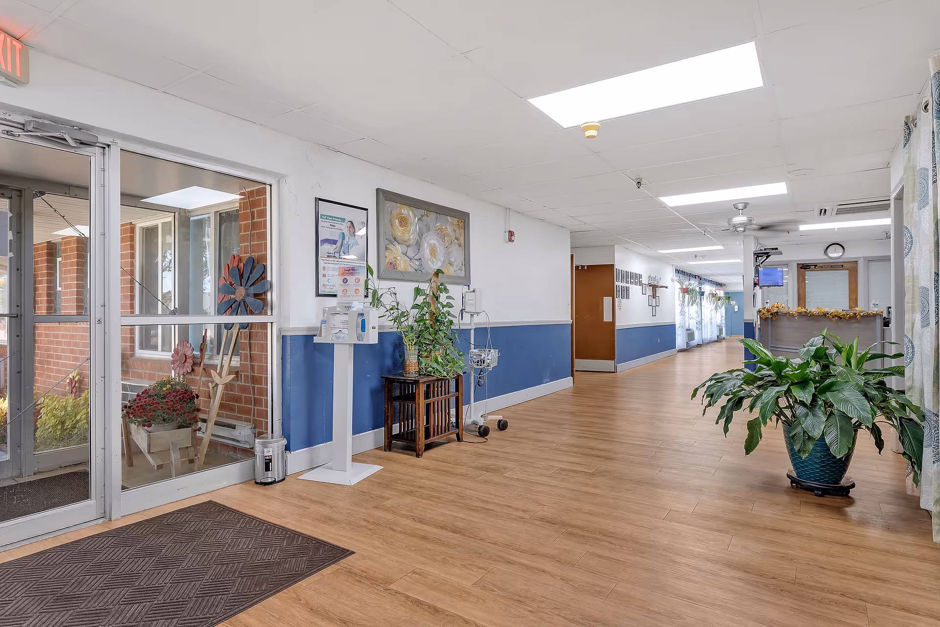 A bright and clean hallway in a senior living facility with wood-look flooring and white walls with a blue lower half. There is a glass door entrance on the left with decorative flowers visible outside. Inside the hallway, there is a hand sanitizer station, a small table with a potted plant, and a mobile IV stand. Further down the hallway, there are more plants, wall decorations, and a reception desk adorned with a garland. The ceiling has recessed lighting and a ceiling fan.