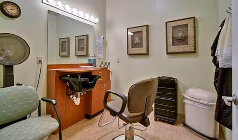 Interior view of a salon or grooming room with a styling chair in front of a large mirror and wooden vanity. There are two framed pictures on the wall, a green upholstered chair, a scale, a black rolling cart, and a white trash bin. The room has beige walls and flooring.