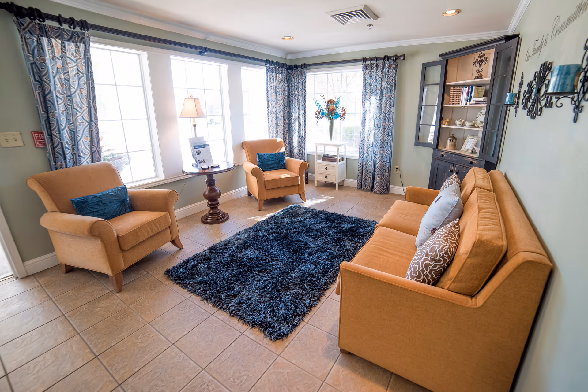 A cozy living room with two orange armchairs and an orange sofa arranged around a dark blue shaggy rug. The room has large windows with patterned blue curtains, a wooden side table with a lamp, and a black cabinet with shelves holding decorative items and books. The walls are light green with decorative wall hangings.