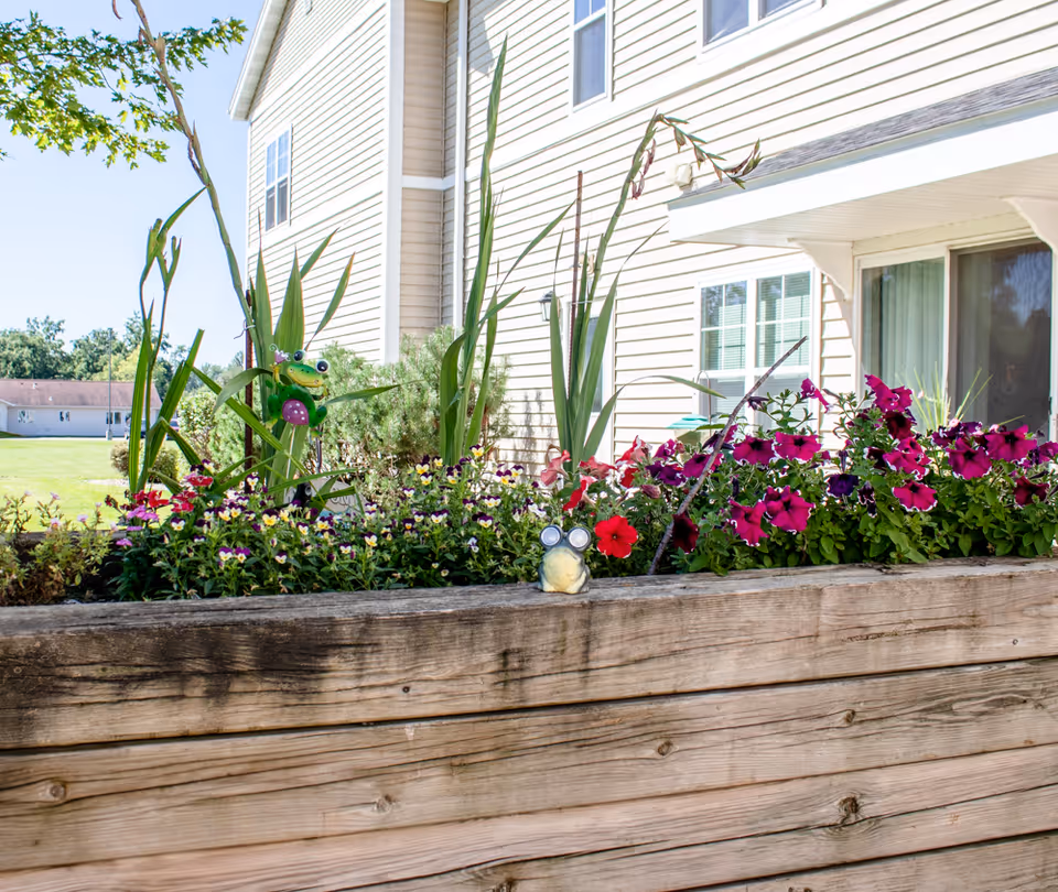 Raised wooden planter filled with colorful flowers and small frog decorations in front of a beige-sided senior living building.