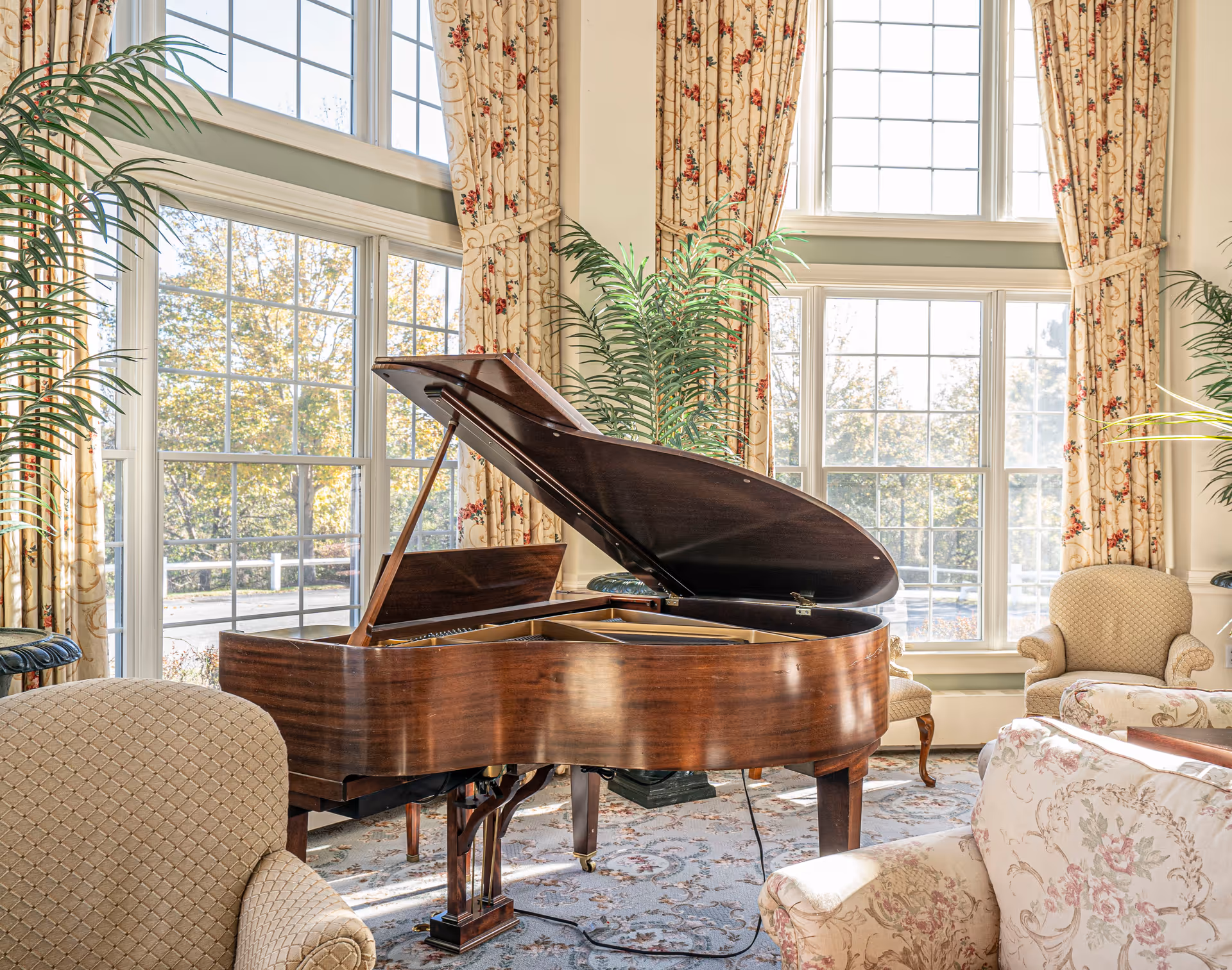 A bright and elegant living room area with large windows letting in natural light, featuring a grand piano in the center, surrounded by upholstered armchairs and floral curtains. There are also green potted plants adding to the cozy atmosphere.