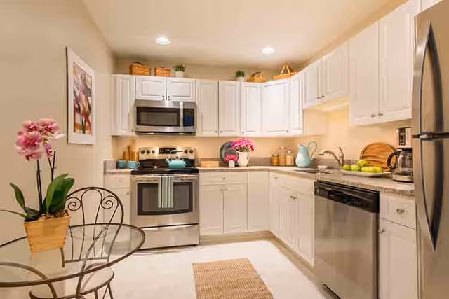 Bright modern kitchen with white cabinets, stainless steel appliances, and a small glass dining table with a potted orchid.