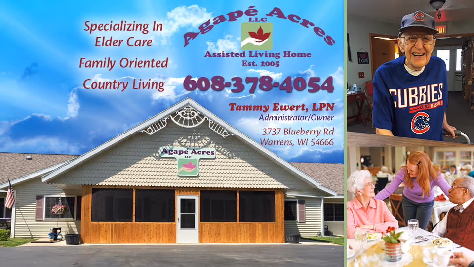 Collage image featuring the front exterior of Agape Acres assisted living home with signage and contact information, an elderly man wearing a Cubs baseball shirt and cap smiling indoors, and a caregiver interacting with two elderly people seated at a dining table.