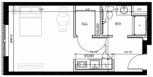 Architectural floor plan of a small studio apartment at The Residence at Penniman Hill, showing a combined bedroom and living area with a bed and two chairs, a walk-in closet labeled W.I.C., a kitchen area with a sink and stove, and a bathroom with a toilet, sink, and shower.
