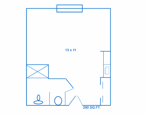 A simple architectural floor plan of a 290 square foot living space measuring 13 by 11 feet. The layout includes a main room, a small bathroom with a toilet and sink, and a kitchenette area with cabinets and a stove.
