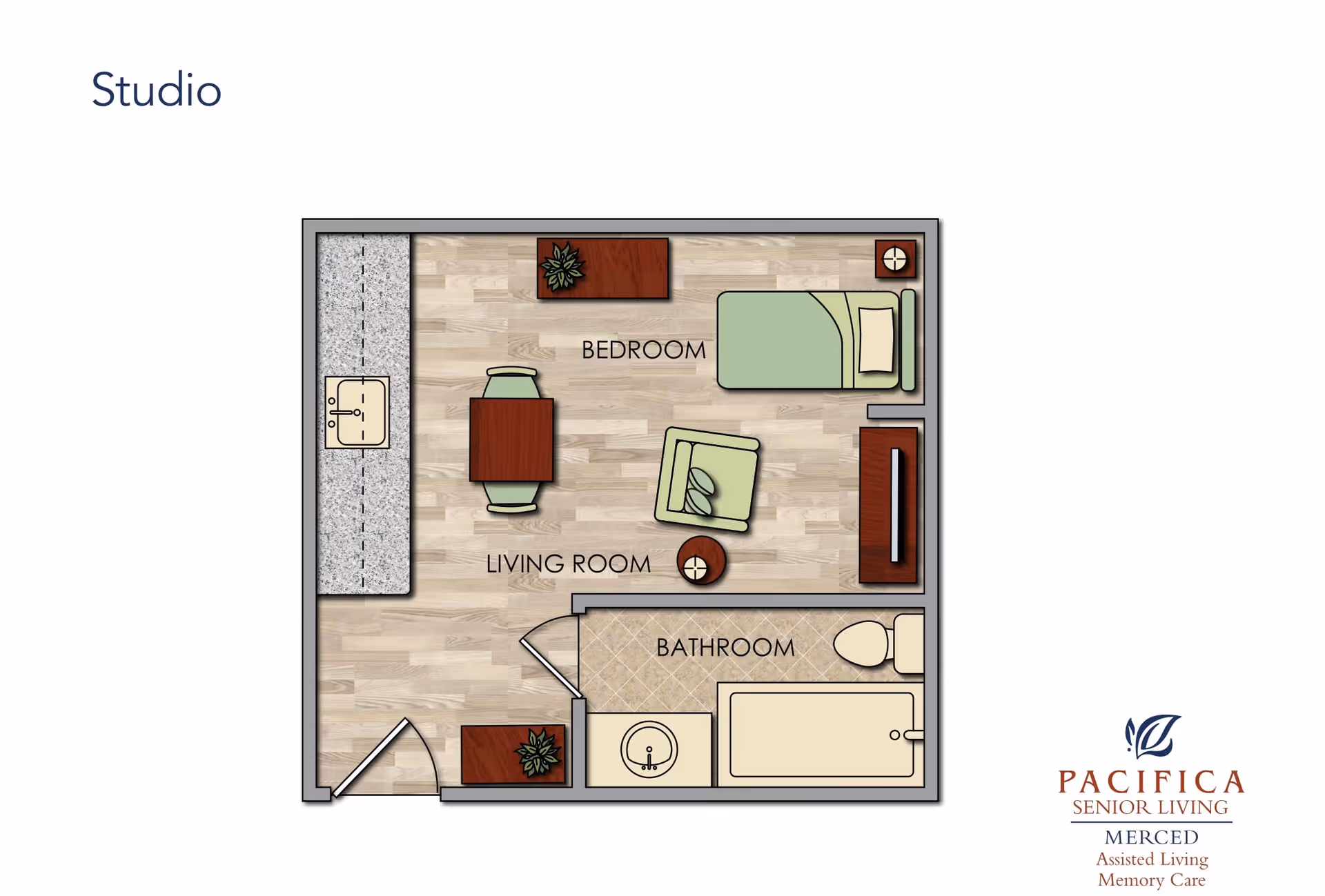 Floor plan of a studio apartment at Pacifica Senior Living Merced showing a combined bedroom and living room area with a bed, chair, table, and kitchen counter, along with a separate bathroom containing a sink, toilet, and bathtub.