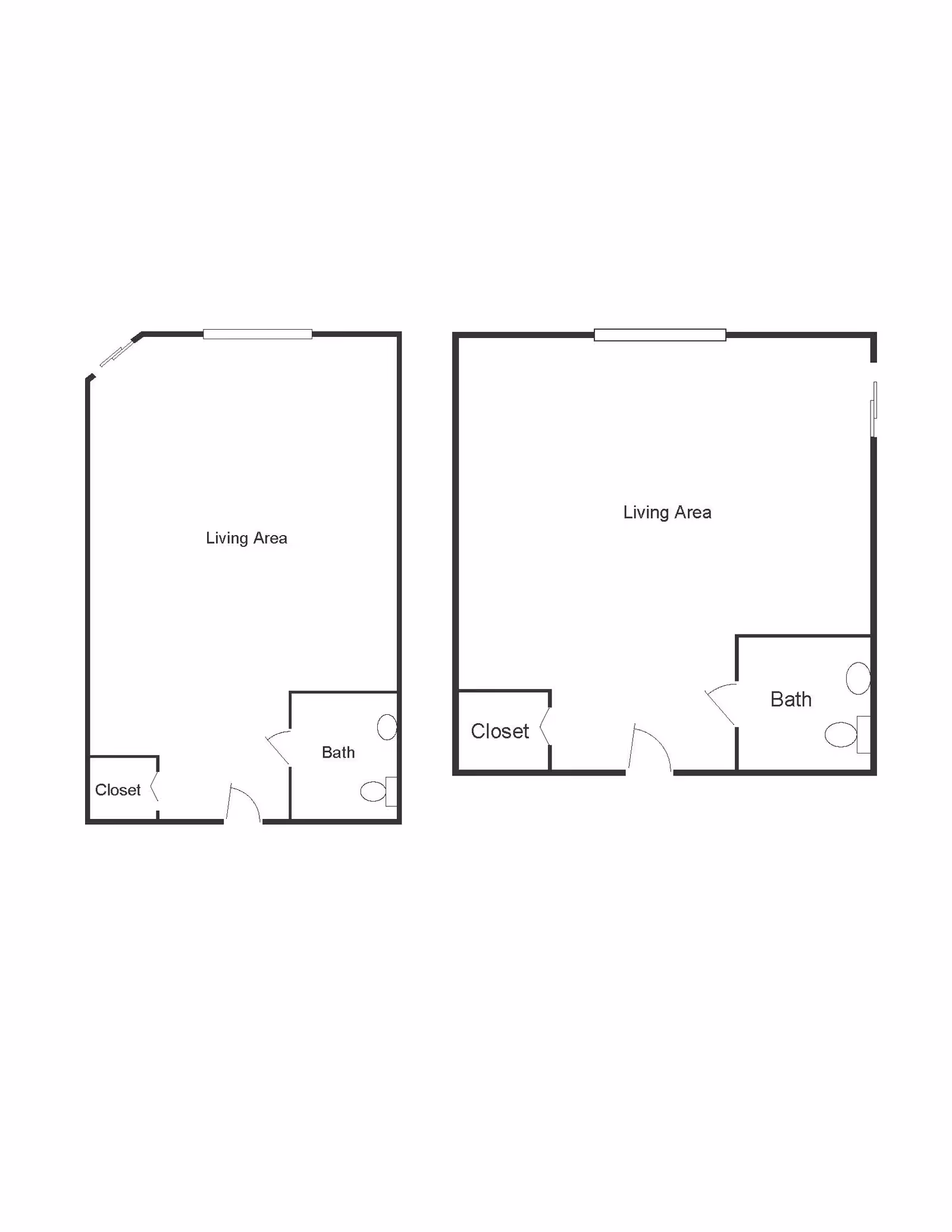 Floor plan showing two similar studio apartment layouts, each with a living area, a closet, and a bathroom.