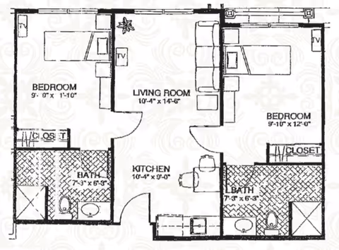 Architectural floor plan of a two-bedroom apartment at Heritage Senior Living At Oakwood Hills, showing two bedrooms, two bathrooms, a living room, and a kitchen with dimensions labeled.