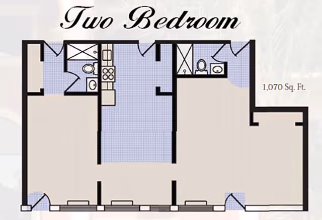 Floor plan layout of a two-bedroom apartment with two bathrooms, a kitchen area, and a total area of 1,070 square feet.