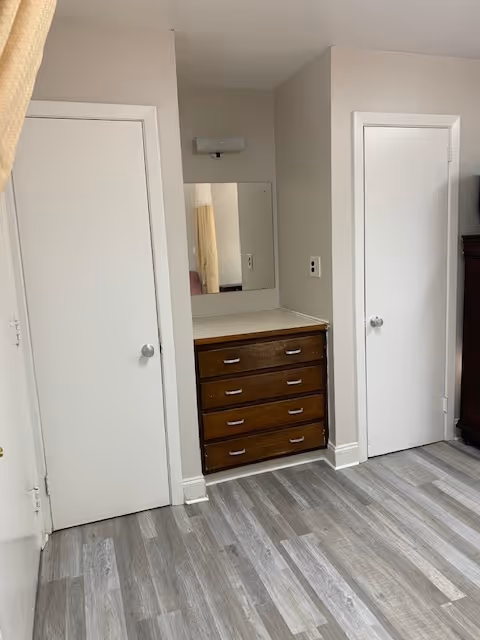Interior view of a room with two white doors on either side of a wooden dresser with four drawers. Above the dresser is a rectangular mirror and a wall-mounted light fixture. The floor has gray wood-like vinyl planks, and the walls are painted light beige.