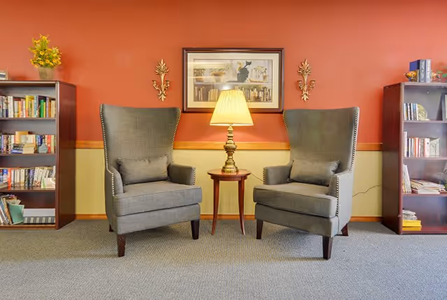 Two gray upholstered armchairs with small pillows are positioned on either side of a wooden side table with a lit lamp. Behind the chairs is a red and beige wall with a framed picture of a cat and two decorative wall sconces. On each side of the chairs are wooden bookshelves filled with books and decorative items.