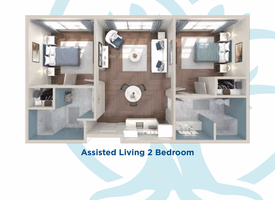 Top-down rendered floor plan of an assisted living two-bedroom apartment with a central living/dining area and two bedrooms on either side.