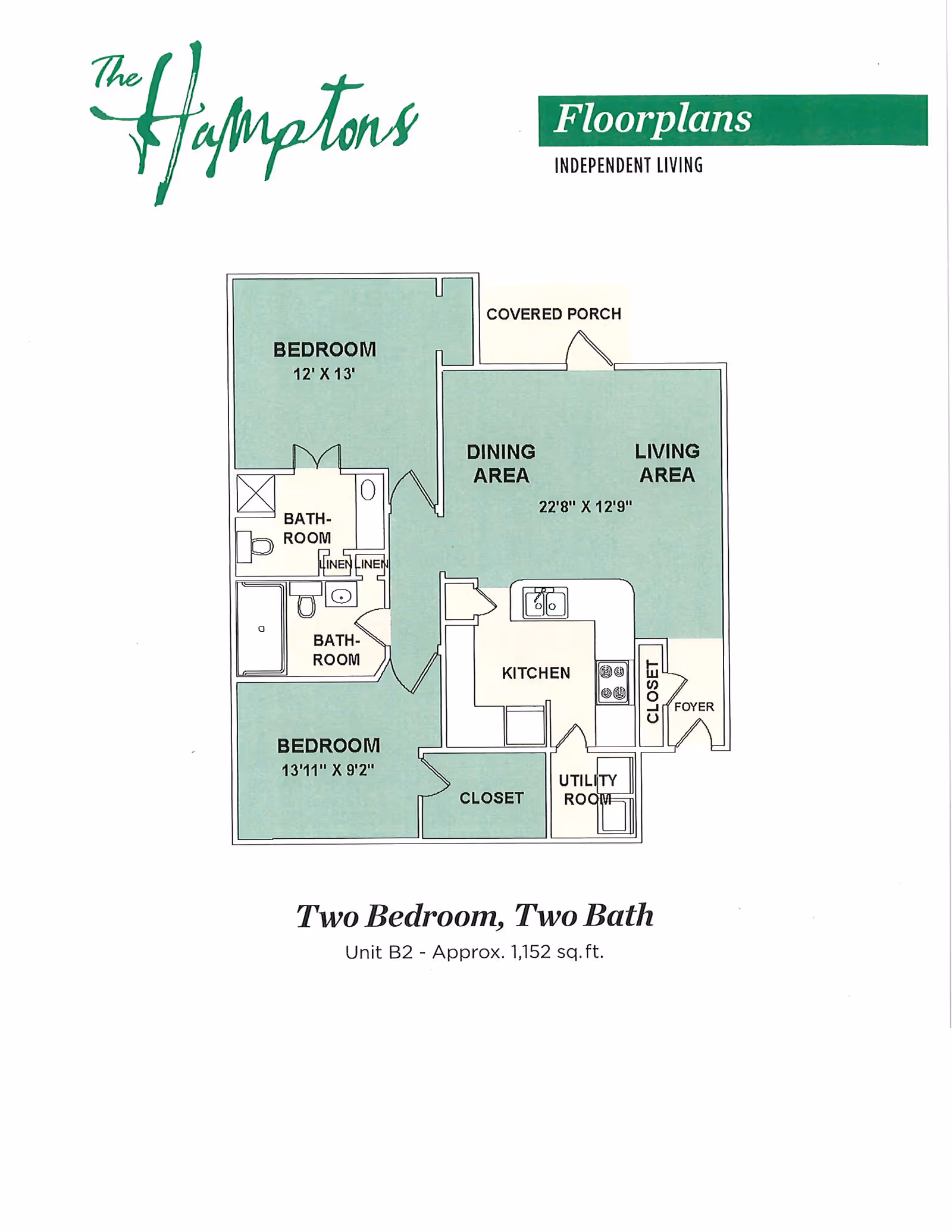 Floor plan of The Hamptons at Greenridge Independent Living Unit B2, showing two bedrooms, two bathrooms, a kitchen, dining area, living area, utility room, closets, foyer, and a covered porch. The total area is approximately 1,152 square feet.