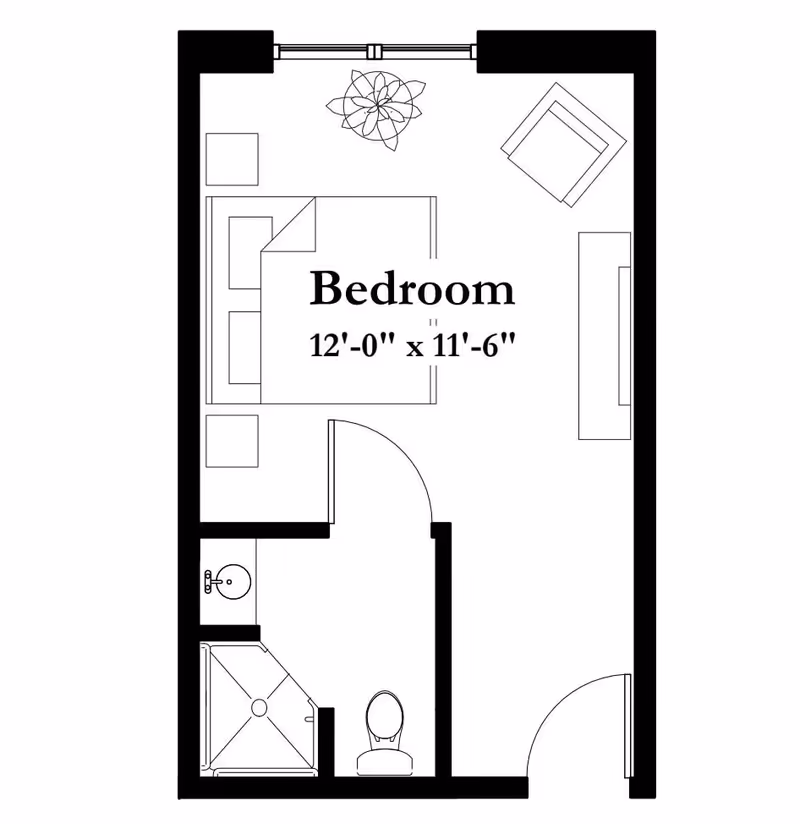 Floor plan of a bedroom measuring 12 feet by 11 feet 6 inches, showing a bed, two side tables, a chair, a dresser, a plant near the window, and an attached bathroom with a shower, toilet, and sink.