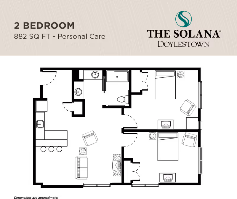 Floor plan of a 2 bedroom, 882 square feet personal care unit at The Solana Doylestown, showing layout of rooms and furniture placement.