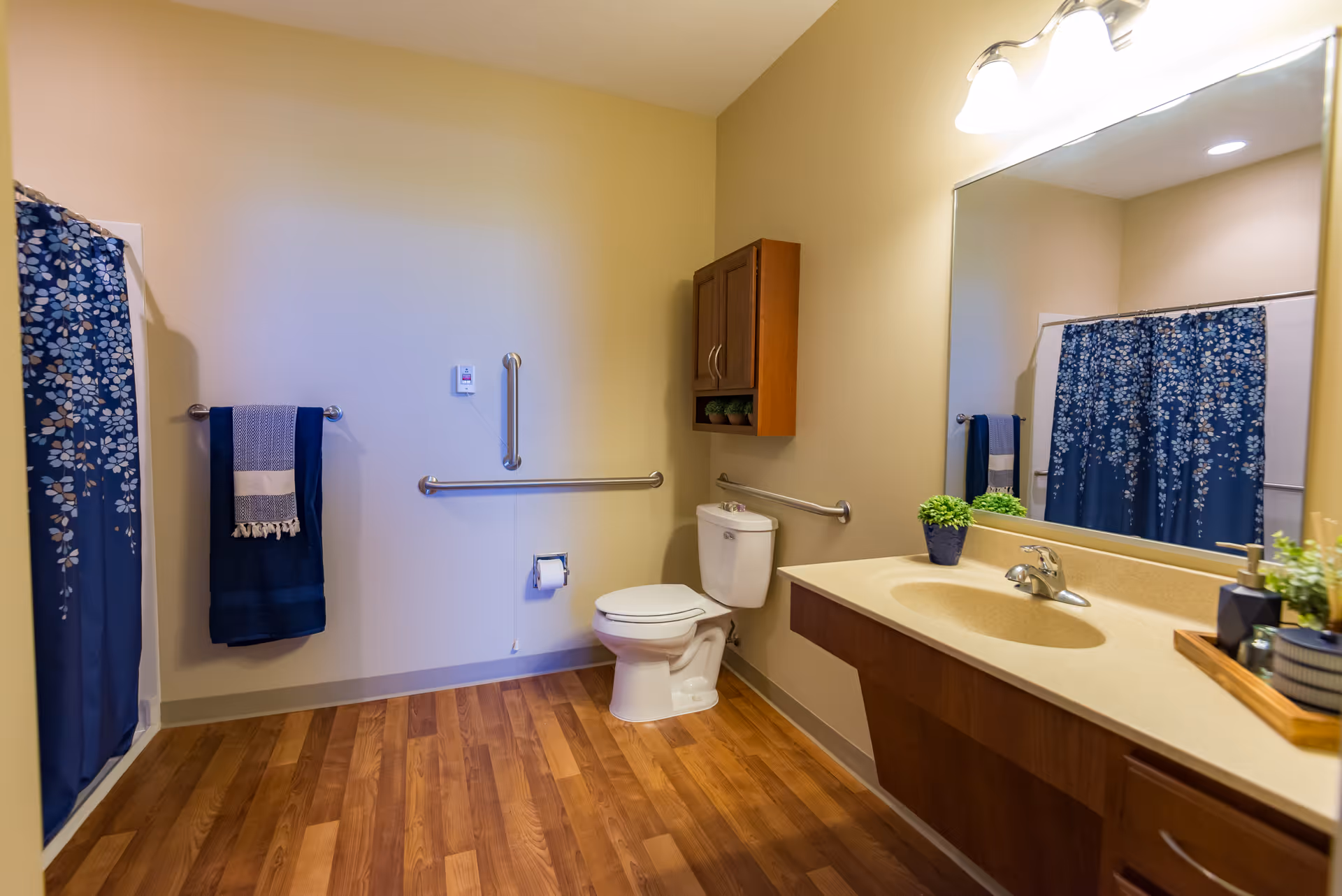 Spacious accessible bathroom with toilet, sink vanity and mirror, grab bars, wood-look flooring, and a blue floral shower curtain.