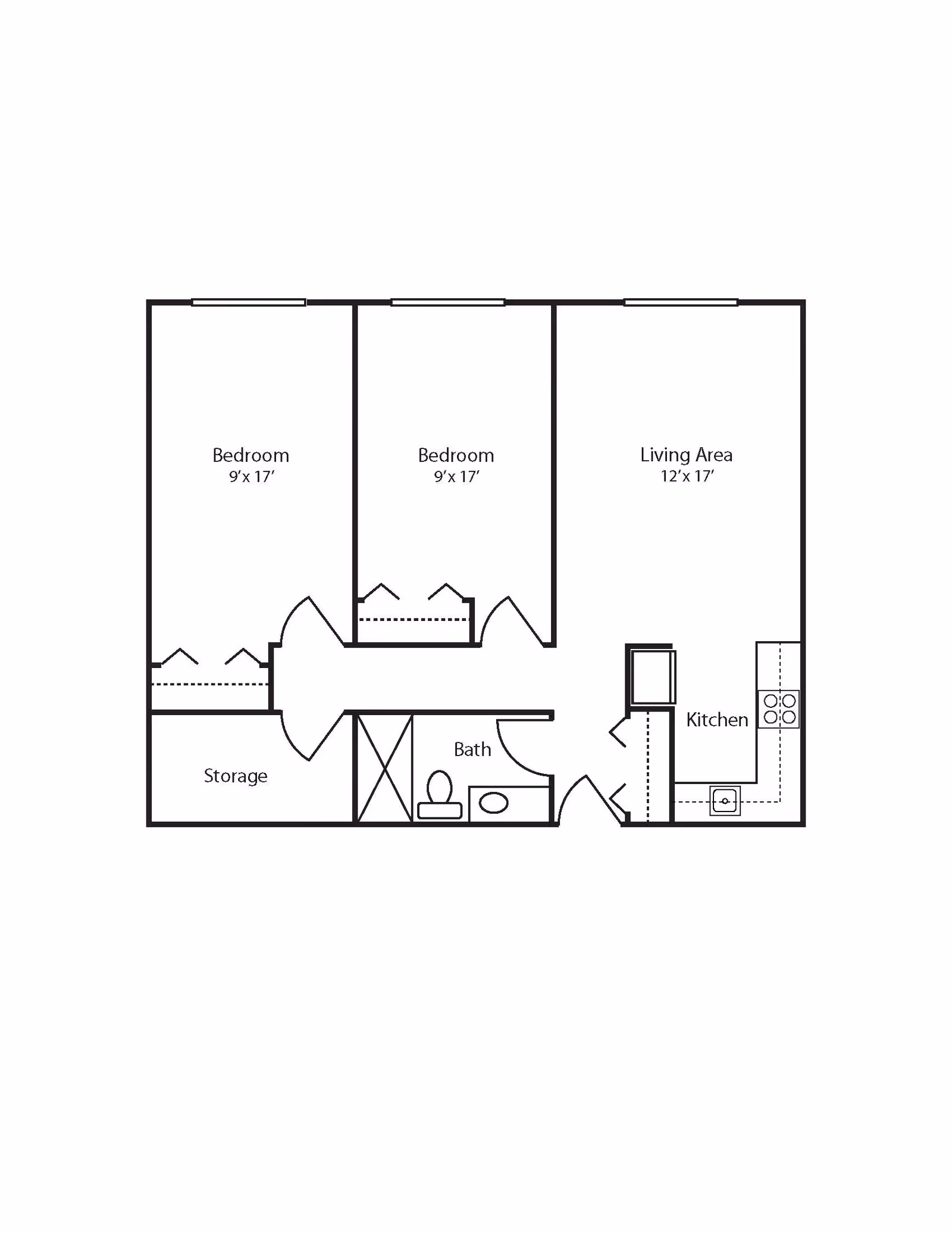 Floor plan layout showing two bedrooms each measuring 9 feet by 17 feet, a living area measuring 12 feet by 17 feet, a kitchen, a bathroom, and a storage area.