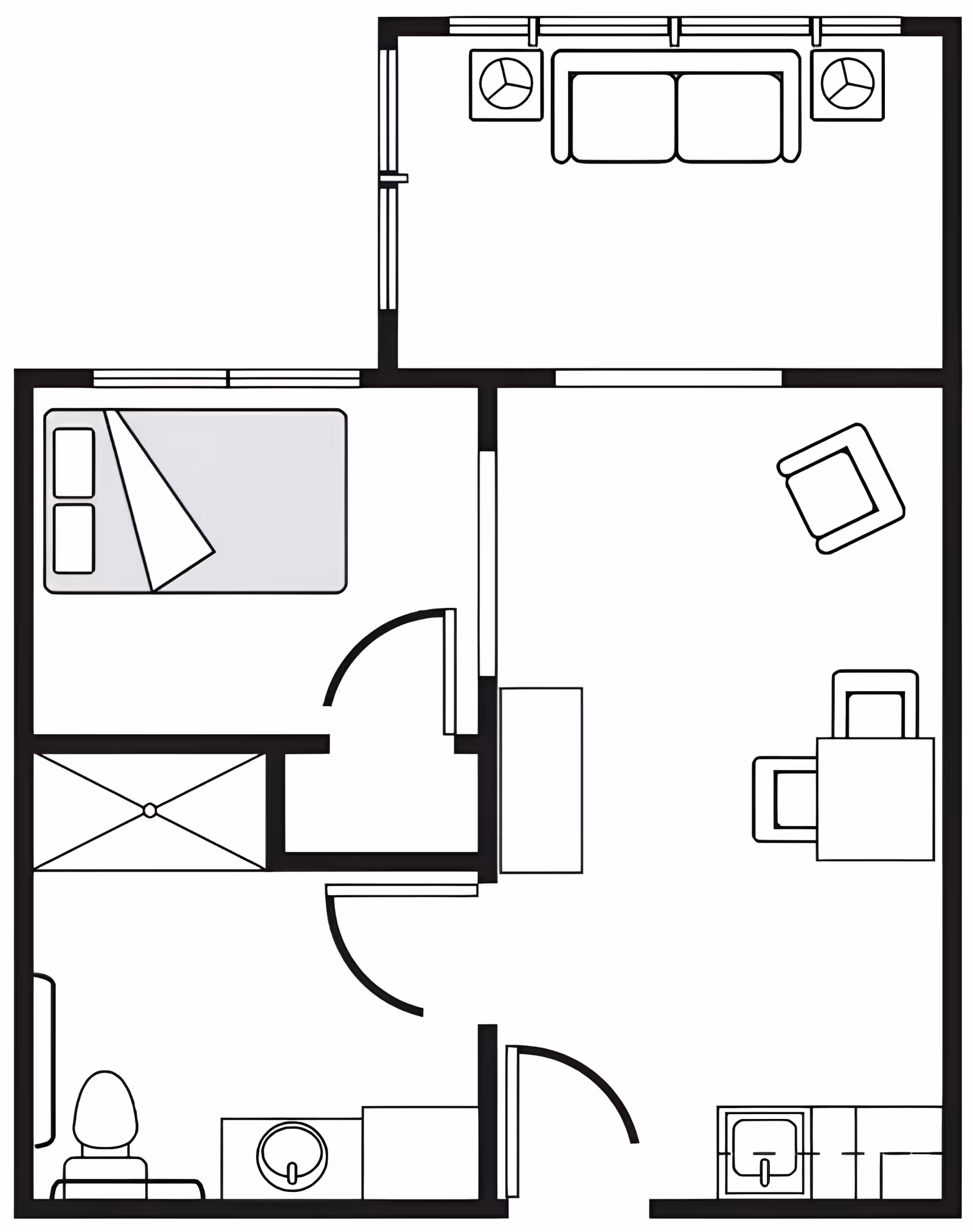 Black and white floor plan of a senior living unit showing a bedroom with a bed, a bathroom with a toilet and sink, a living room with a sofa, two chairs, and a dining table with two chairs, and a kitchen area with a sink and counter space.