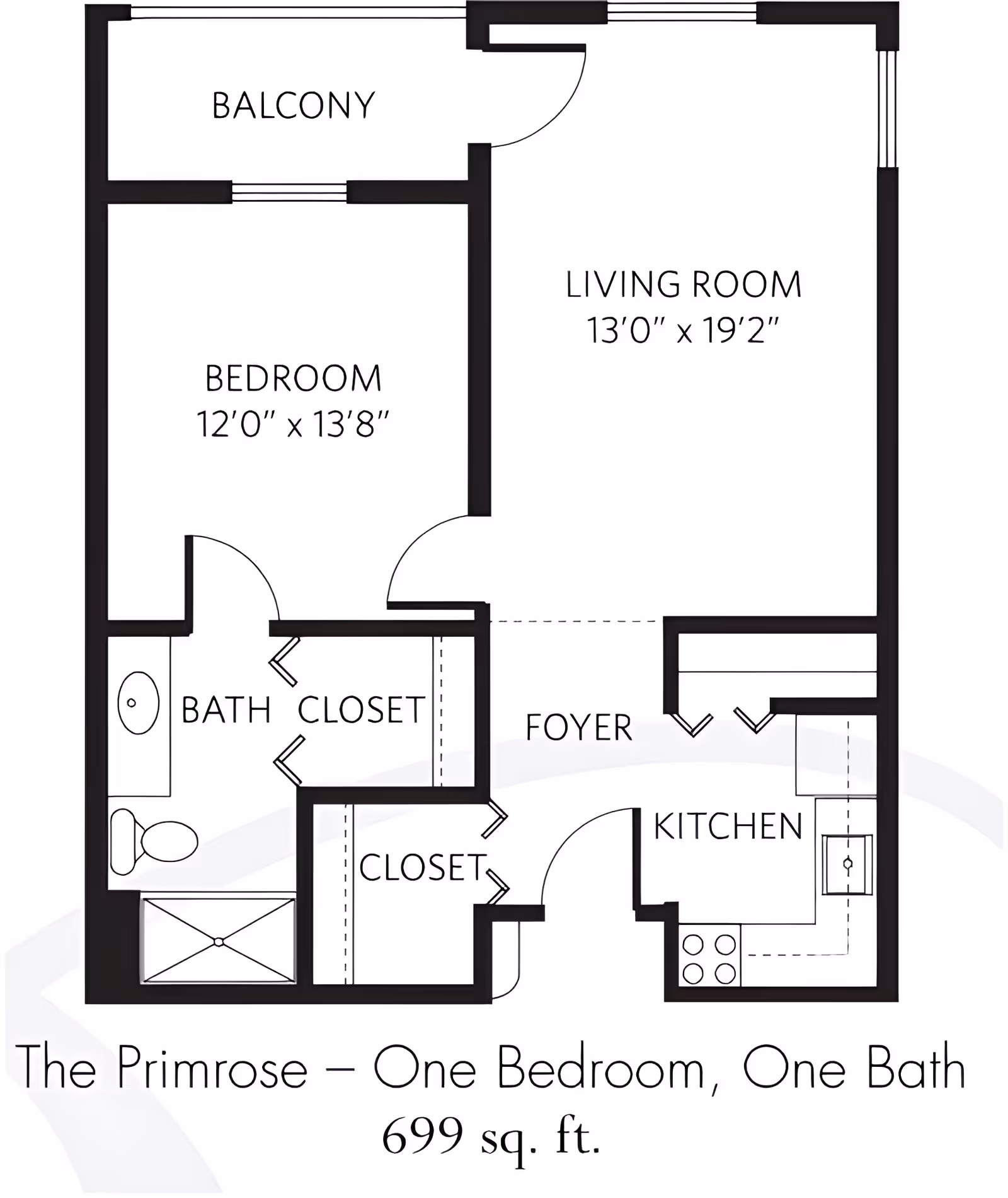 Floor plan of The Primrose apartment at Five Star Premier Residences of Reno showing one bedroom, one bathroom, a living room, kitchen, foyer, two closets, and a balcony. The bedroom measures 12 feet by 13 feet 8 inches, and the living room measures 13 feet by 19 feet 2 inches. The total area is 699 square feet.