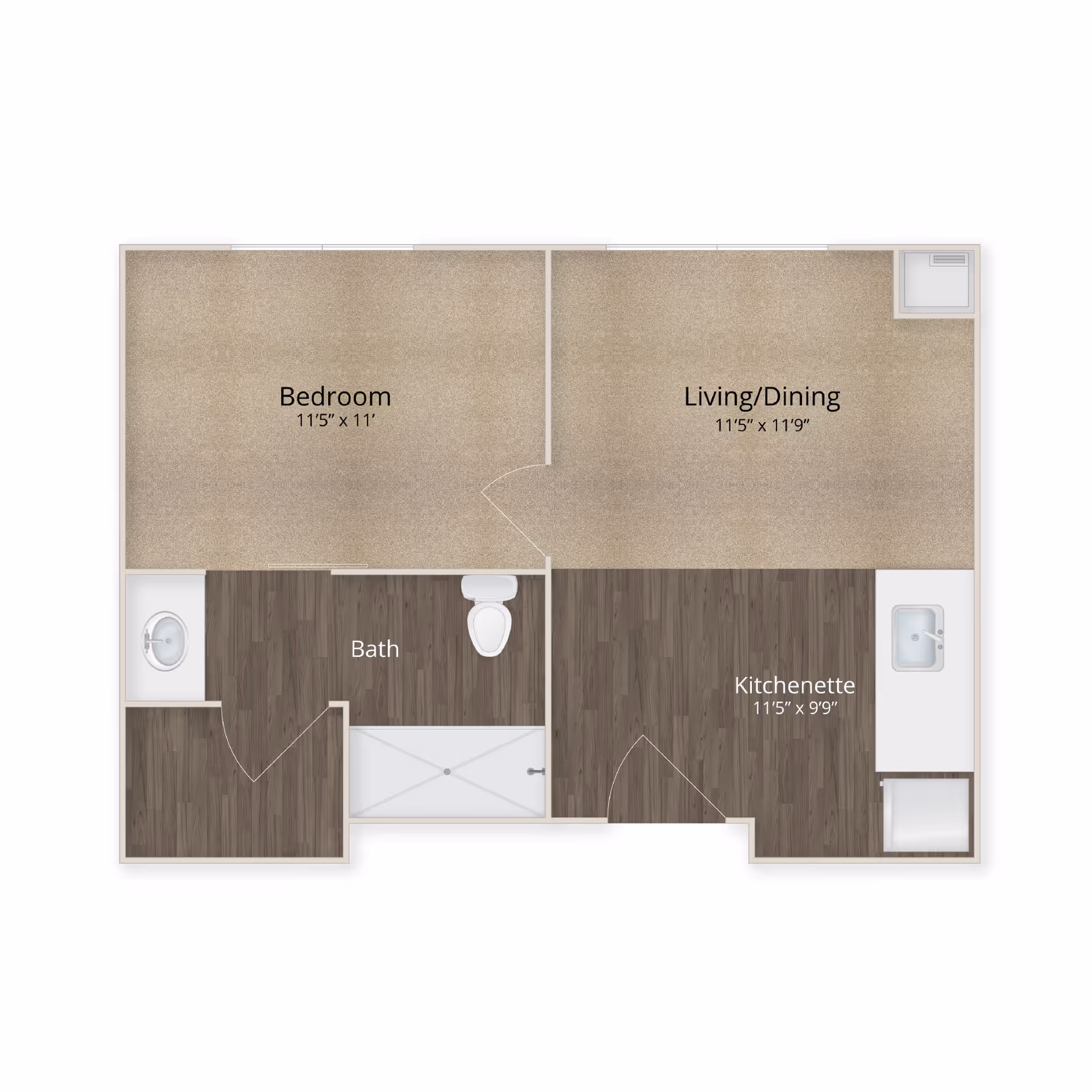 Floor plan of a senior living unit at Élan Westpointe at New Braunfels showing a bedroom measuring 11 feet 5 inches by 11 feet, a combined living and dining area measuring 11 feet 5 inches by 11 feet 9 inches, a kitchenette measuring 11 feet 5 inches by 9 feet 9 inches, and a bathroom with a sink, toilet, and shower.