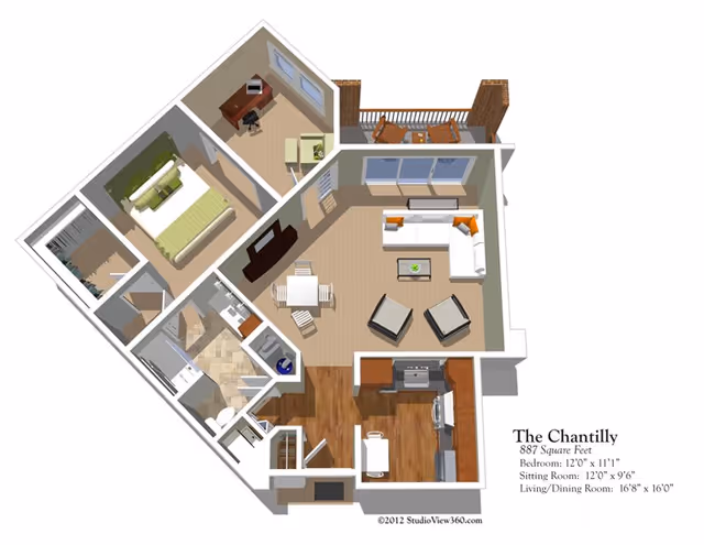 3D floor plan of an apartment named The Chantilly showing a bedroom with a green bed, a sitting room with a desk and chair, a living/dining room with a white sectional sofa, two armchairs, a dining table with four chairs, a kitchen with appliances, and a bathroom. There is also a balcony with outdoor furniture.