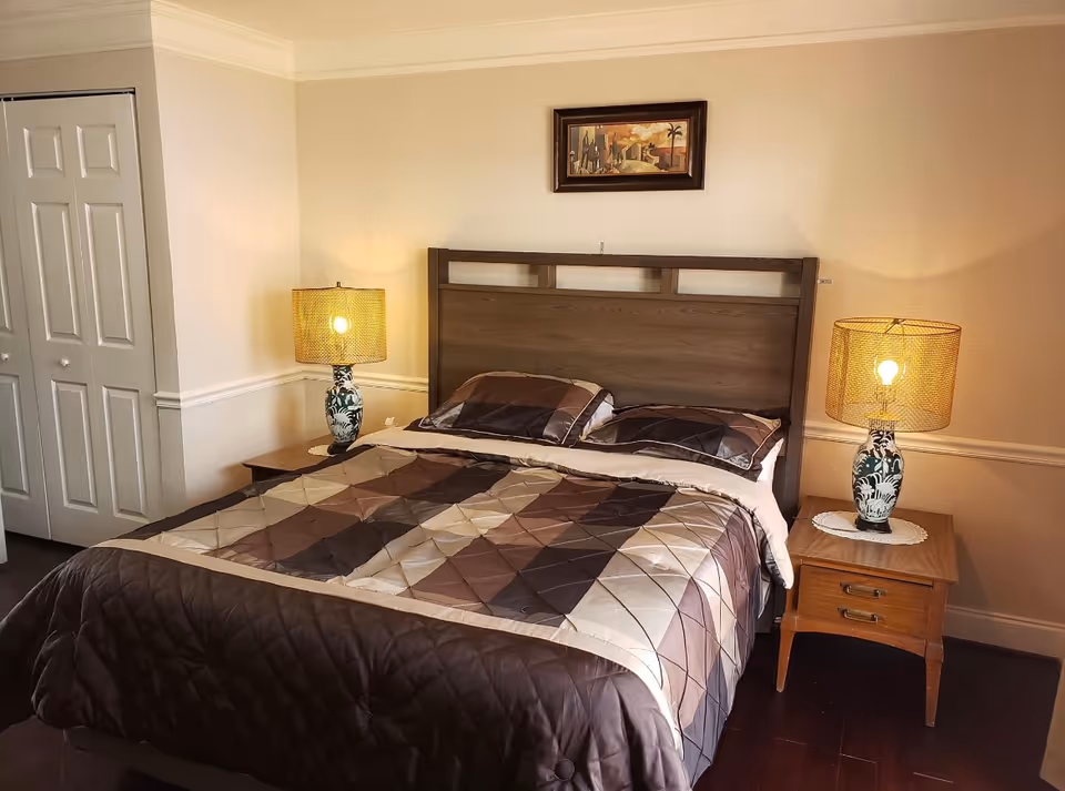A bedroom with a neatly made bed featuring a brown and beige geometric patterned comforter and two matching pillows. There are two wooden nightstands on either side of the bed, each with a decorative lamp with a patterned base and a light brown lampshade. A framed painting hangs on the wall above the headboard. The room has light-colored walls, dark wooden flooring, and a white closet door on the left side.
