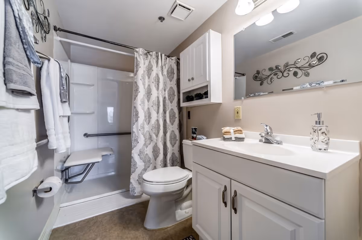A clean, well-lit bathroom featuring a white vanity with a sink, a large mirror, a toilet, and a walk-in shower with a fold-down seat and a patterned shower curtain. Towels hang on the wall, and decorative elements are visible above the toilet and on the wall.