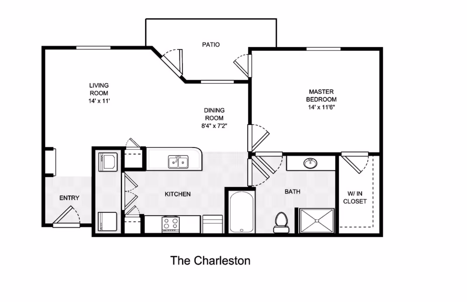 Floor plan of The Charleston apartment at Parkview in Allen, showing a living room, dining room, kitchen, master bedroom, bathroom, walk-in closet, entry, and patio with dimensions.
