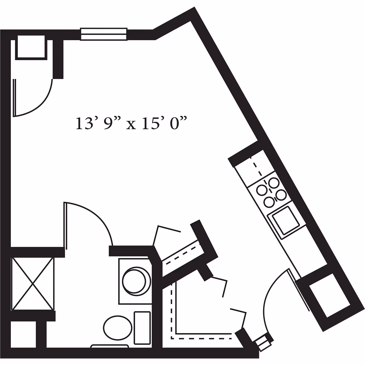 Architectural floor plan of a small apartment unit showing a main living area measuring 13 feet 9 inches by 15 feet, a kitchen with a stove and sink, a bathroom with a toilet and shower, and closet spaces.
