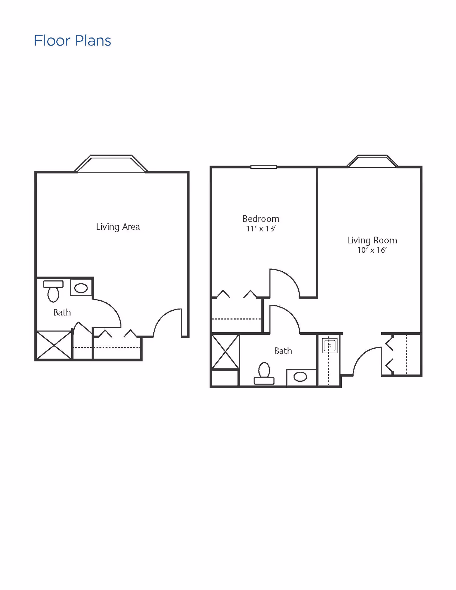 Floor plans showing two layouts: one with a living area and bath, and another with a bedroom measuring 11 by 13 feet, a living room measuring 10 by 16 feet, and a bath.